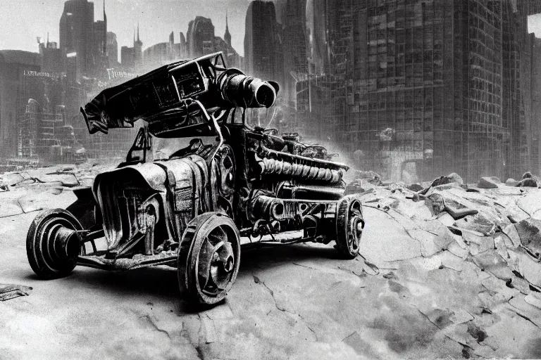 Prompt: cyberpunk 1 9 0 8 model ford t by paul lehr, jesper ejsing, metropolis, mad max, parked by view over city, vintage film photo, robotic, damaged photo, scratched photo, scanned in, old photobook, silent movie, black and white photo