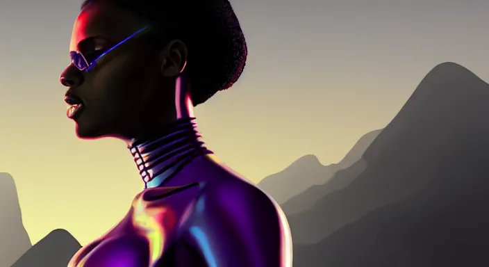 Prompt: portrait of beautiful cyberpunk black woman, rio de janeiro!! pao de acucar!! corcovado ipanema!! foggy on the background, soft purple lighting digital art trending on artstation concept art