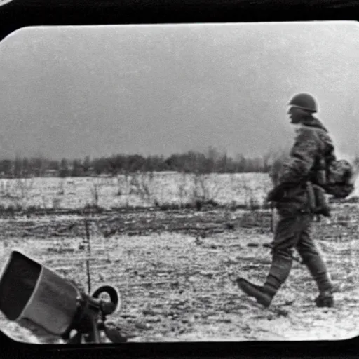 Prompt: world war 2 footage of germany testing a nuclear bomb, taken on a ww 2 camera, you can see a single german soldier standing next to the camera, realistic.