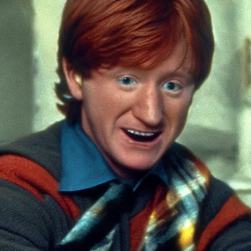 Image similar to Robin Williams playing Ron Weasley in Harry Potter, screenshot
