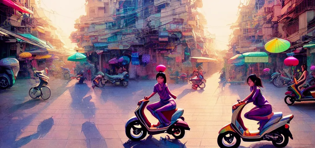 Image similar to a young asian girl, not wearing clothes, riding on the moped scooter, on the street of hanoi, digital illustration by ruan jia on artstation, colorful, rainbow, sunlight, soft lighting, insanely detailed and intricate, hypermaximalist, elegant, ornate, hyper realistic, super detailed, by akihito yoshida, by bob byerley