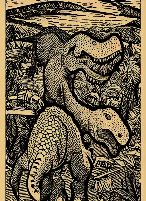 Prompt: dinosaur woodcut print by Samuel Jessurun de Mesquita