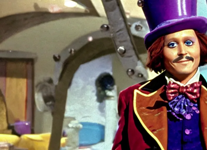 Prompt: film still of Johnny Depp as Willy Wonka in Willy Wonka and the Chocolate Factory 1971