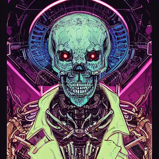 Image similar to portrait of a cybernetic evil undead skeleton sorcerer, cyberpunk concept art by josan gonzales and moebius and enki bilal and and dan mumford and jean claude meziere and philippe druilleg