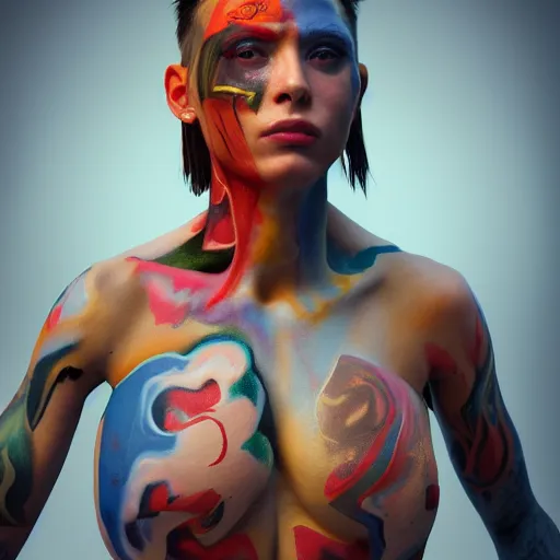 Prompt: : androgynous person with body paint all over hyper detailed art station  parabolic lighting contest winners unrealengine trending on artstation,cinematic, hyper realism, high detail, octane render, 8k