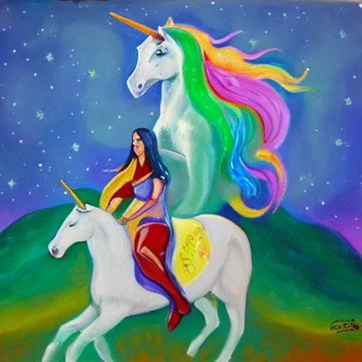 Prompt: An oil painting of Cass Elliot riding a unicorn, magnificent colors