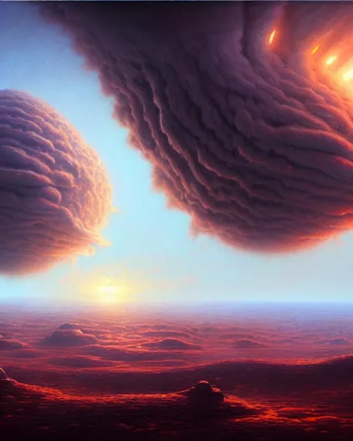 Image similar to a hyper - detailed 3 d render like a oil painting of martian cloud farming, surrealism!!!!! surreal concept art, lifelike, photorealistic, digital painting, aesthetic, smooth, sharp focus, artstation hd, by greg rutkowski, bruce pennington, valentina remenar and asher duran,