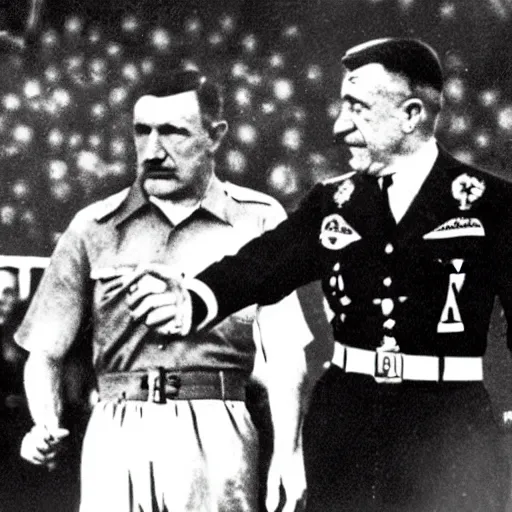 Image similar to modern press photograph of robert lewandowski shaking hands with adolf hitler during a football match