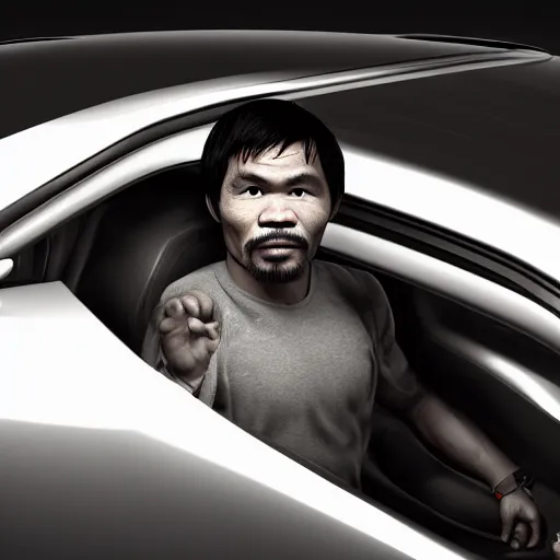 Prompt: manny pacquiao, driving a car, as a pixar disney character from up ( 2 0 0 9 ), unreal engine, octane render, 3 d render, photorealistic