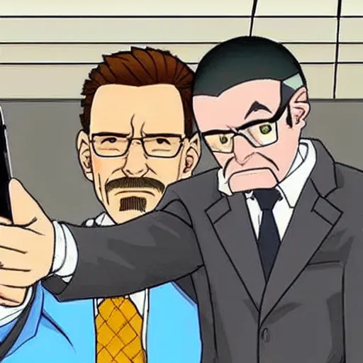 Image similar to walter white doing a selfie with phoenix wright, realistic, cool, nice, beautiful