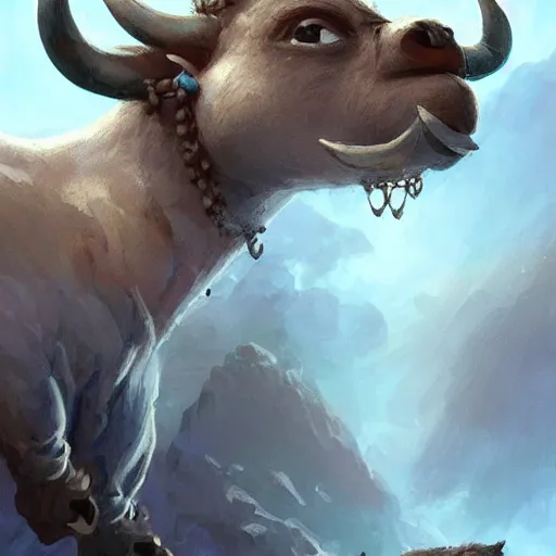 Image similar to cute little anthropomorphic water buffalo rebuilder wearing terrazzo cord, tiny, small, miniature animal, baby animal, short, pale blue armor, cute and adorable, pretty, beautiful, DnD character art portrait, matte fantasy painting, DeviantArt Artstation, by Jason Felix by Steve Argyle by Tyler Jacobson by Peter Mohrbacher, cinematic lighting