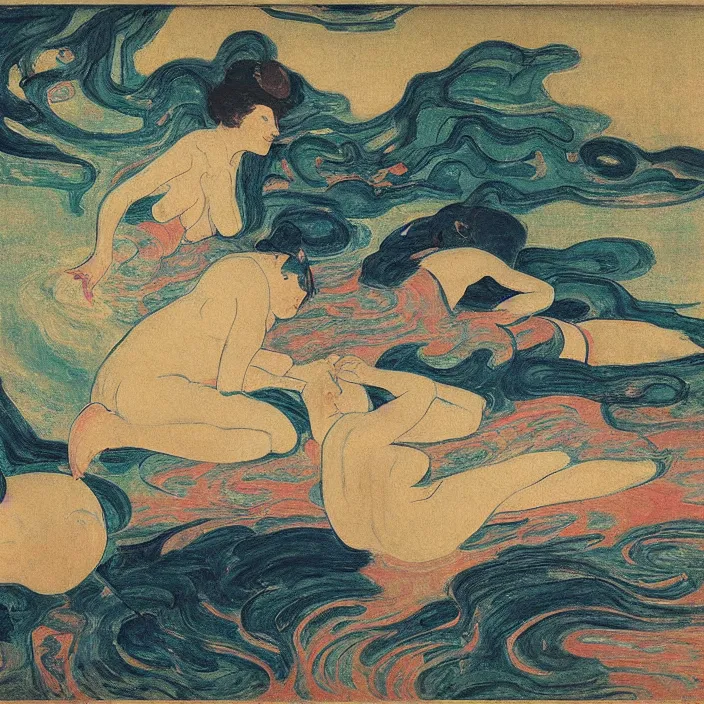 Image similar to shunga scene with turbulent river. painting by munch, agnes pelton, egon schiele, henri de toulouse - lautrec, utamaro, monet