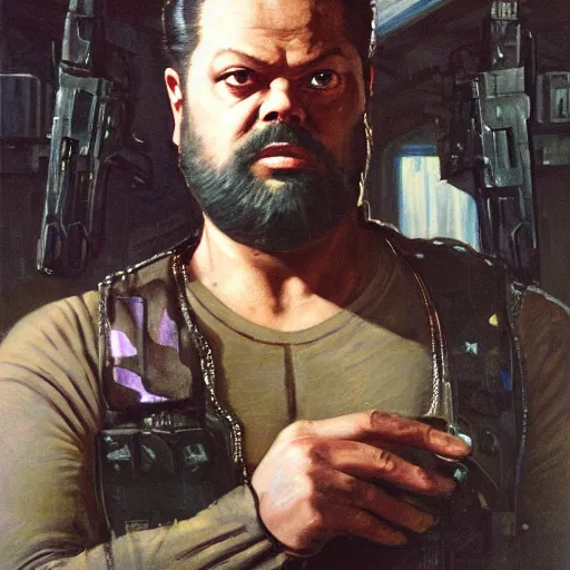 Prompt: Orson Welles as a cyberpunk mercenary wearing a military vest and combat jumpsuit. (Cyberpunk 2077, bladerunner 2049). Iranian orientalist portrait by john william waterhouse and Edwin Longsden Long and Theodore Ralli and Nasreddine Dinet, oil on canvas. Cinematic, vivid color, hyper realism, realistic proportions, dramatic lighting, high detail 4k