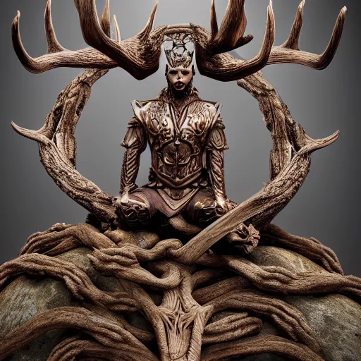 Prompt: warrior with surface of tree - bark, wearing stone wood vines antlers armor, sitting in lotus position, meditation, highly detailed, dramatic lighting, cinematic, sci - fi, hyperrealistic, detailed