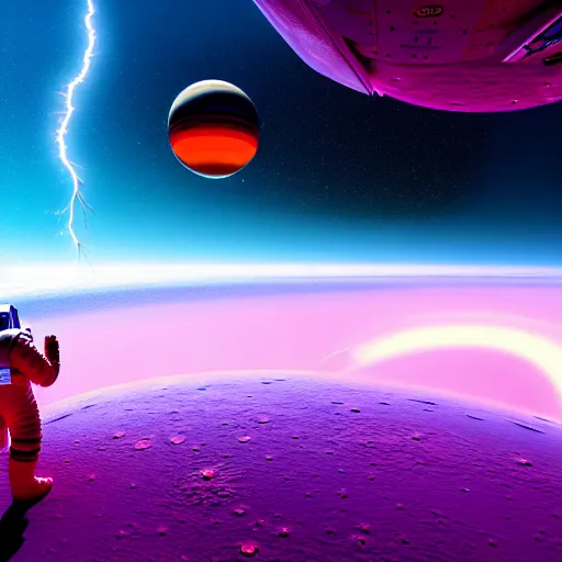 Prompt: astronaut finding a flower on an alien planet with mountains, water, strange clouds, hyper realistic, dramatic lightning, ray tracing, high resolution photo, 8 k