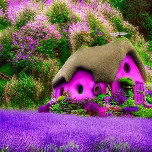 Image similar to a witch cottage made of candy, magical forest, lavender mist, floral, photography by ansel adams