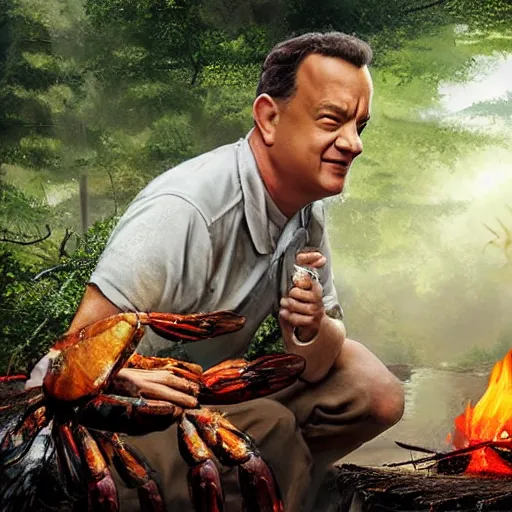 Image similar to Tom Hanks as forrest holding a giant shrimp over a campfire in the jungle, realistic digital painting, in the style of Aleksi Briclot, photoreailstic, realistic face, amazing detail, sharp