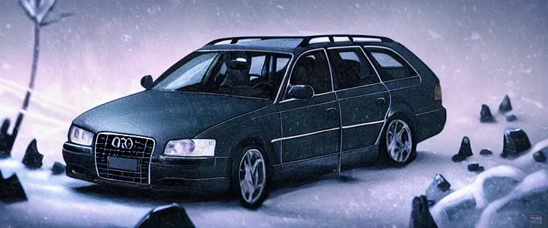 Image similar to Audi A4 B6 Avant (2002), a gritty neo-noir, dramatic lighting, cinematic, eerie person, death, homicide, homicide in the snow, viscera splattered all over the car, gunshots, establishing shot, extremely high detail, photorealistic, arson, burning city, cinematic lighting, artstation, by simon stalenhag, Max Payne (PC) (2001) winter New York at night, In the style of Max Payne 1 graphic novel, flashing lights, Poets of the Fall - Late Goodbye