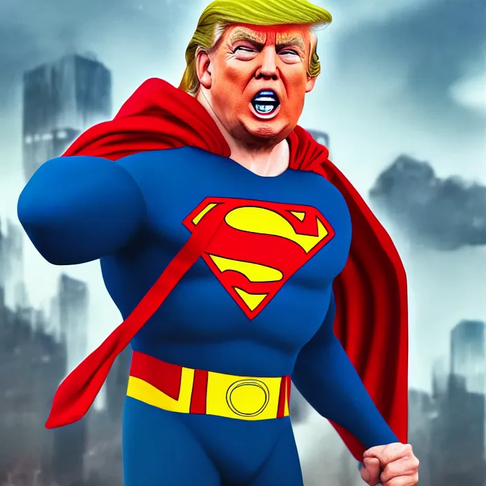 Image similar to donald trump as superman. intricate abstract. intricate artwork. by tooth wu, wlop, beeple, dan mumford. octane render, trending on artstation, greg rutkowski very coherent symmetrical artwork. cinematic, hyper realism, high detail, octane render, 8 k, iridescent accents