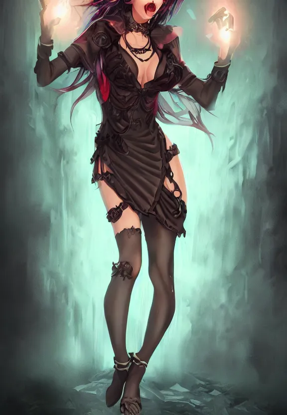 Prompt: mad necromancer seductive girl concept art, short dress, glowing eyes, symmetrical, rule of three, detailed body, full body, detailed face, ultradetailed digital illustration, 8 k, epic atmosphere, digital art by simon cowell