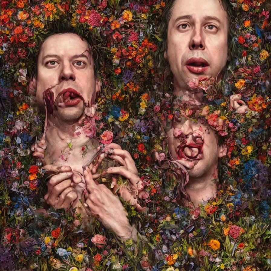 Image similar to male portrait of the john zorn todd solondz eating rotten flesh and puking blood, surrounded by flowers by karol bak, james jean, tom bagshaw, rococo, trending on artstation, cinematic lighting, hyper realism, octane render, 8 k, hyper detailed.