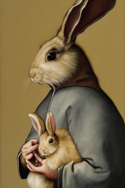 Image similar to silly hierronymus bosch oil painting portrait of a bunny in a coat. muted colour palette