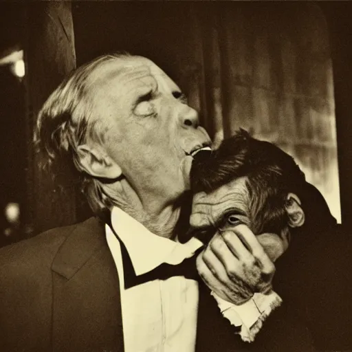 Image similar to hyper realistic vintage photograph of a vampire biting an old mans neck outside of a bar at night detailed faces, grain, old, monochrome, wide angle