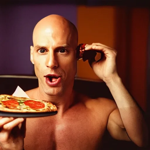 Image similar to johnny sins eating pizza, realistic photo, detailed face, cinestill