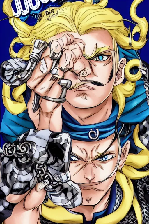 Image similar to jojo's bizzare adventure manga volume cover, boy with blue eyes and long blonde hair, symmetrical face happy, mustache, stubble, steel ball run, handsome face, jojo's bizzare adventure, manga cover, hirohiko araki, illustration