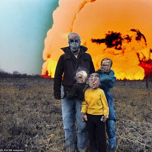 Image similar to selfie of the last surviving ukrainian with children with evil faces, wild pain and damage to the body burns alive to the bone, painted in dirty yellow - blue colors, a huge nuclear explosion is approaching in the background, corpses and skeletons are everywhere, the earth is on fire, smoke and radioactive rain