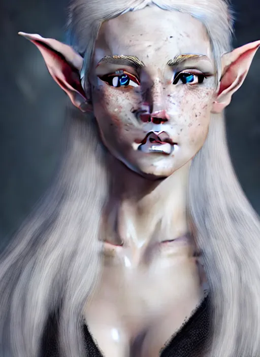 Prompt: a beautiful portrait, white background, gorgeous fantasy elf. professionally retouched, soft lighting, freckles, realistic, smooth face, detailed, long white hair, cute ears, wide angle, sharp focus on the eyes, 8 k high definition, insanely detailed, intricate, elegant, sexy, beautiful, art by artgerm and wlop