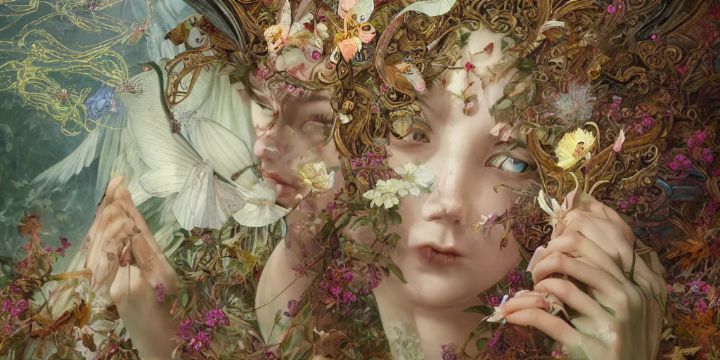 Image similar to breathtaking detailed concept art painting of the goddess of moth, orthodox saint, with anxious, piercing eyes, ornate background, amalgamation of leaves and flowers, by Hsiao-Ron Cheng, James jean, Miho Hirano, Hayao Miyazaki, extremely moody lighting, 8K