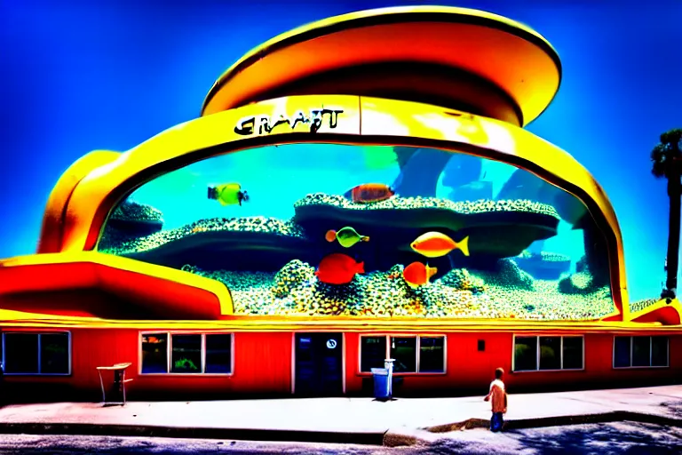 Image similar to 1 9 8 5 crab themed giant aquarium, googie architecture, one point perspective, americana, fishcore, exterior photography, hd 8 k, photography by ansel adams