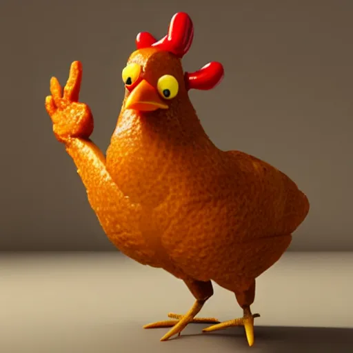 Prompt: a chicken with fingers defending his chicken fingers, 3d render, octane, realistic lighting