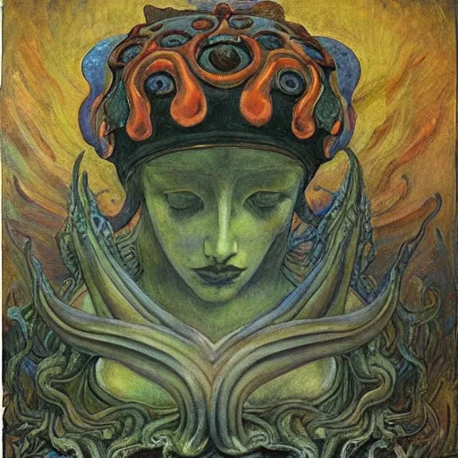 Image similar to the tentacle crown,by Annie Swynnerton and Diego Rivera, symbolist, dramatic lighting, elaborate geometric ornament, Art Brut, bioluminescent, soft blues and greens,smooth, sharp focus, extremely detailed, Adolf Wölfli