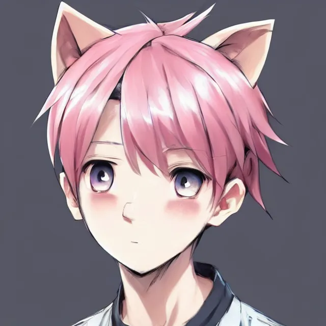 Image similar to character concept art of a cute anime boy with pink hair and pink wolf ears and freckles | | cute - fine - face, pretty face, key visual, realistic shaded perfect face, fine details by stanley artgerm lau, wlop, rossdraws, james jean, andrei riabovitchev, marc simonetti, and sakimichan, trending on artstation