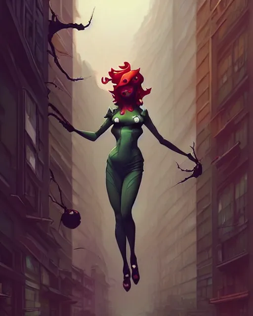 Image similar to peter mohrbacher, phil noto comicbook cover art, artgerm, emma stone poison ivy, vines, symmetrical eyes, city rooftop