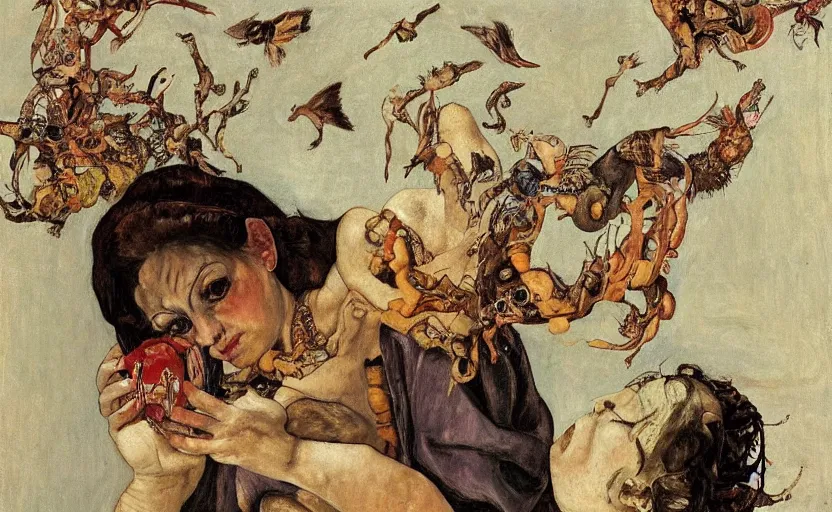 Prompt: a painting of pandora opening her jar, releasing monsters and critters that impersonate sickness and death, misery, she is fully dressed, in the style of realism and a masterpiece by artemisia gentileschi and egon schiele, the face is painted by artemisia gentileschi and james jean, critters flying around, the jar is big and clearly visible