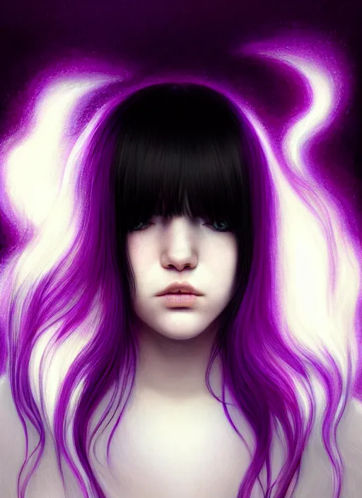 Image similar to hair whitebangs hair, black hair, whitebangs, portrait of teenage girl with white bangs, red irises, purple clothes, white bangs, bangs are different color from hair, intricate, elegant, glowing lights, highly detailed, digital painting, artstation, concept art, smooth, sharp focus, illustration, art by wlop, mars ravelo and greg rutkowski