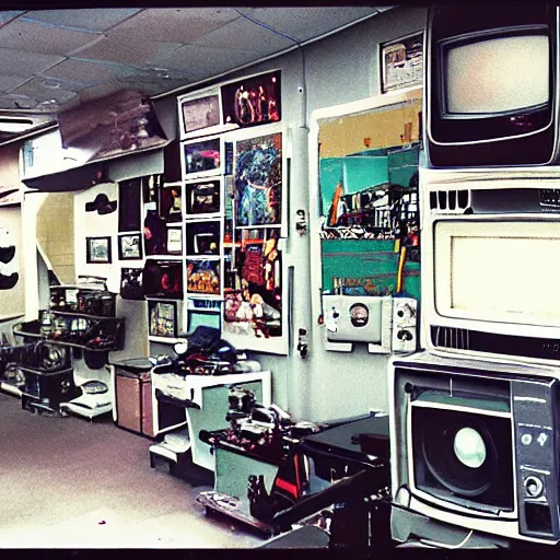 Prompt: array of crt televisions, tv static, antenna, stacked, polaroid, steroids, adult video store