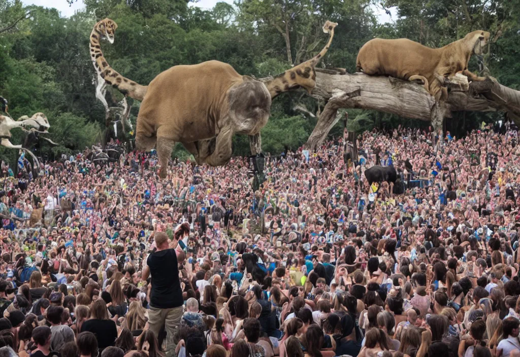 Prompt: a dj performing to a crowd of zoo animals