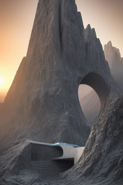 Prompt: sci - fi concrete brutalist architecture in the italian dolomites, zaha hadid, beksinski, photoreal, highly detailed, 8 k, hd, vray, artstation, trending on behance, cinematic matte painting, extreme detail photo quality, sunset, featured on behance