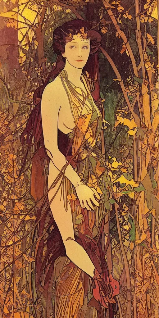 Prompt: a beautiful illustration of a female robot in the forest, autumn, golden hour, alphonse mucha, moebius, cinematic