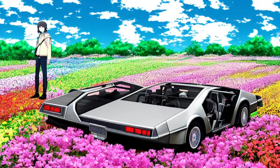 Image similar to a delorean standing in a flower field, anime style