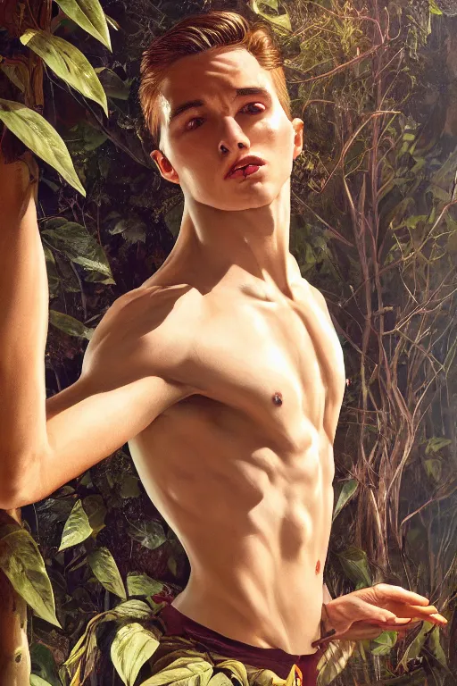 Image similar to stunningly handsome, male ballet dancer in jungle, symmetrical face, golden hour, smooth, focus, highly detailed, hyper realistic, dramatic lighting, elegant, intricate, concept art, art by wlop, mars ravelo, greg rutowski, artstation