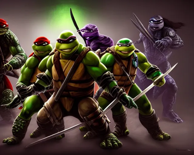 Image similar to a gaming screenshot still portrait of teenage mutant ninja turtles in mortal kombat, deep focus, d & d, fantasy, intricate, elegant, highly detailed, digital painting, artstation, concept art, matte, sharp focus, illustration, dark fantasy style art, hearthstone, art by artgerm and greg rutkowski and alphonse mucha