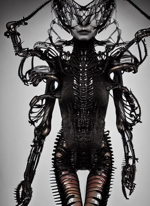 Image similar to walking down the catwalk, stage, vogue photo, podium, fashion show photo, historical baroque dress dark, iris van herpen, beautiful woman, masterpiece, intricate, biopunk, vogue, full body shot, alien, plant predator, guyver, giger, wires, tubes, veins, jellyfish, white biomechanical details, wearing epic bionic cyborg implants, highly detailed