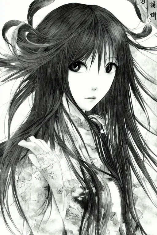 Image similar to a portrait of a character in a scenic environment by Yoshitaka Amano, black and white, dreamy, dark eyes, wavy long black hair, highly detailed