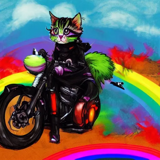 Image similar to wide angle full body, jacket wearing fluffy cute rainbow kitten wearing a black leather motorcycle jacket, riding on a motorcycle, cinematic concept art