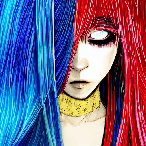 Image similar to profile shot of rimuru tempest, sky blue straight hair, long bangs, gold eyes, smug, wearing a black jacket with white stripes, high collar, ultra detailed, brush strokes, digital painting, cinematic, wlop, closeup, pixiv, color block, eerie, scary, yoshitaka amano, andy warhol, junji ito